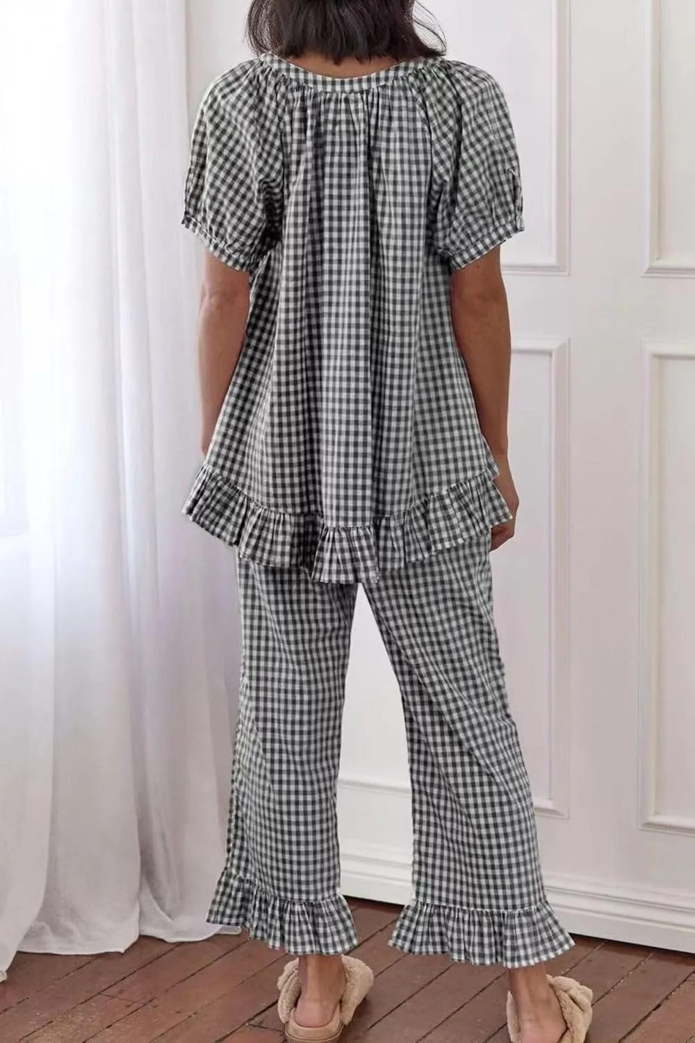 Womens Gingham Pajama Set 2 Piece Short Sleeve Babydoll Shirt and Pants Lounge Set Cute Sleepwear