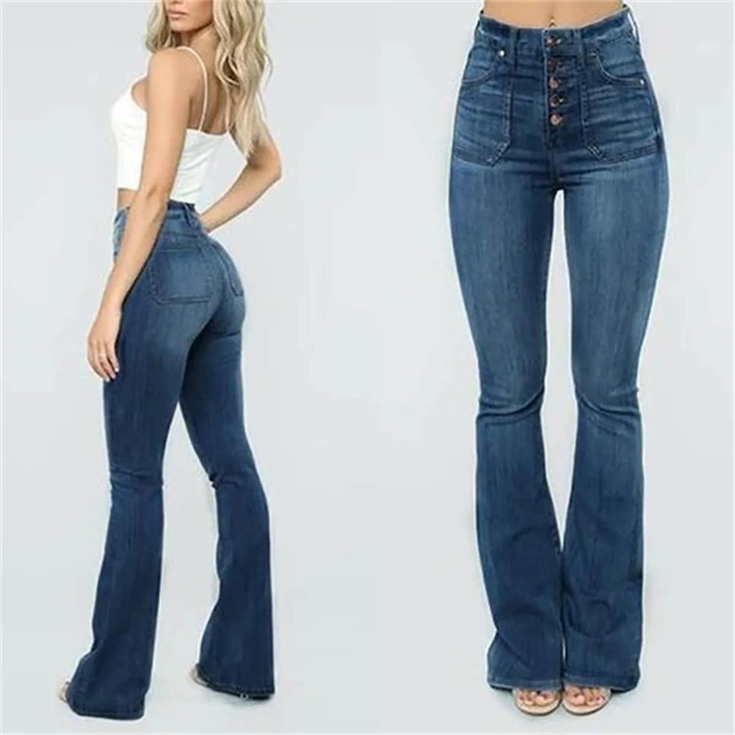 Women's High Waisted Stretch Flare Jean Vintage Washed Skinny Denim Flare Jeans Slim Jean Bell Bottom Trousers
