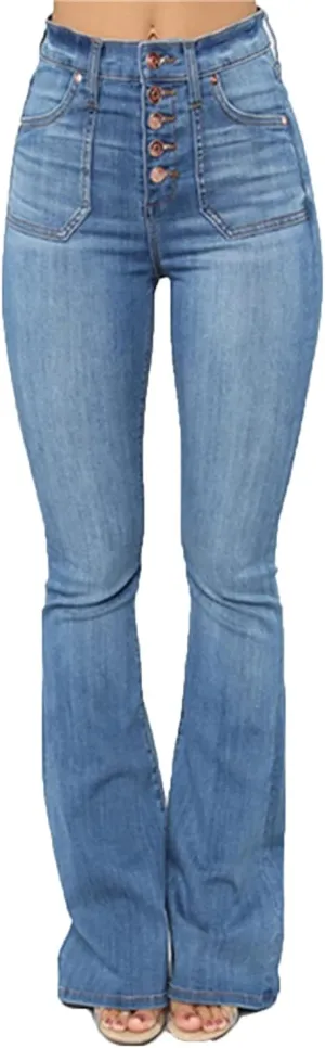Women's High Waisted Stretch Flare Jean Vintage Washed Skinny Denim Flare Jeans Slim Jean Bell Bottom Trousers