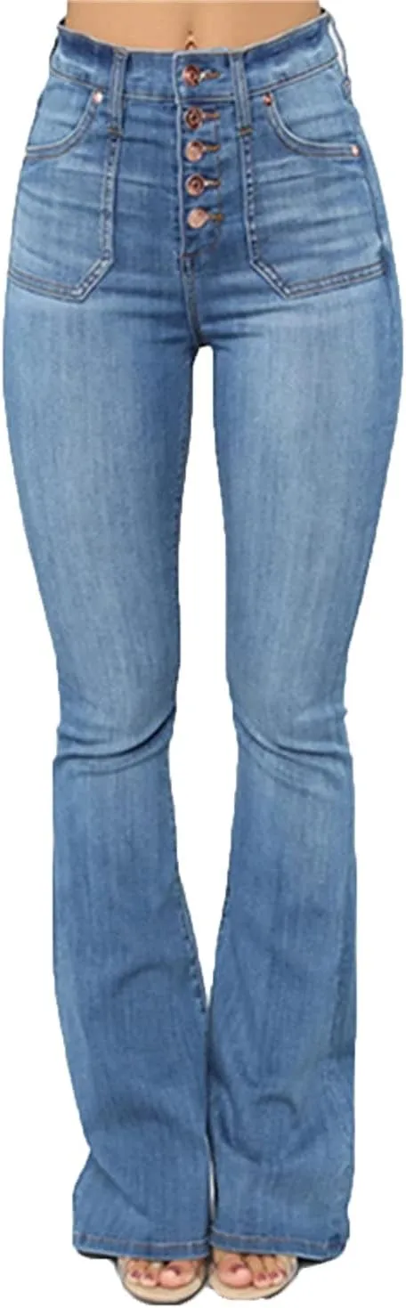 Women's High Waisted Stretch Flare Jean Vintage Washed Skinny Denim Flare Jeans Slim Jean Bell Bottom Trousers