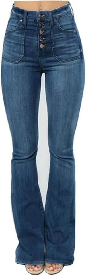 Women's High Waisted Stretch Flare Jean Vintage Washed Skinny Denim Flare Jeans Slim Jean Bell Bottom Trousers