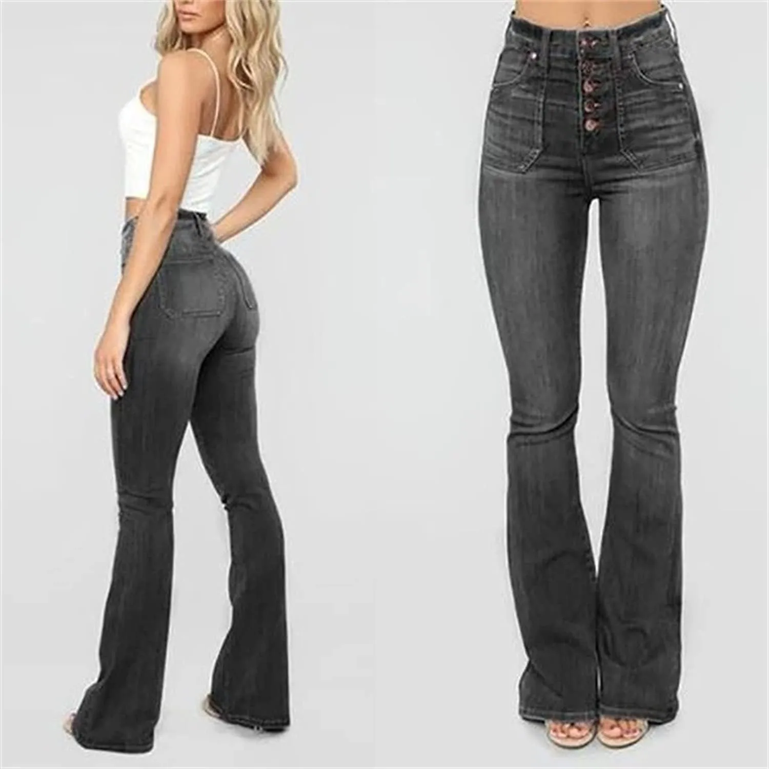 Women's High Waisted Stretch Flare Jean Vintage Washed Skinny Denim Flare Jeans Slim Jean Bell Bottom Trousers
