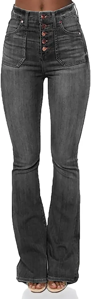 Women's High Waisted Stretch Flare Jean Vintage Washed Skinny Denim Flare Jeans Slim Jean Bell Bottom Trousers