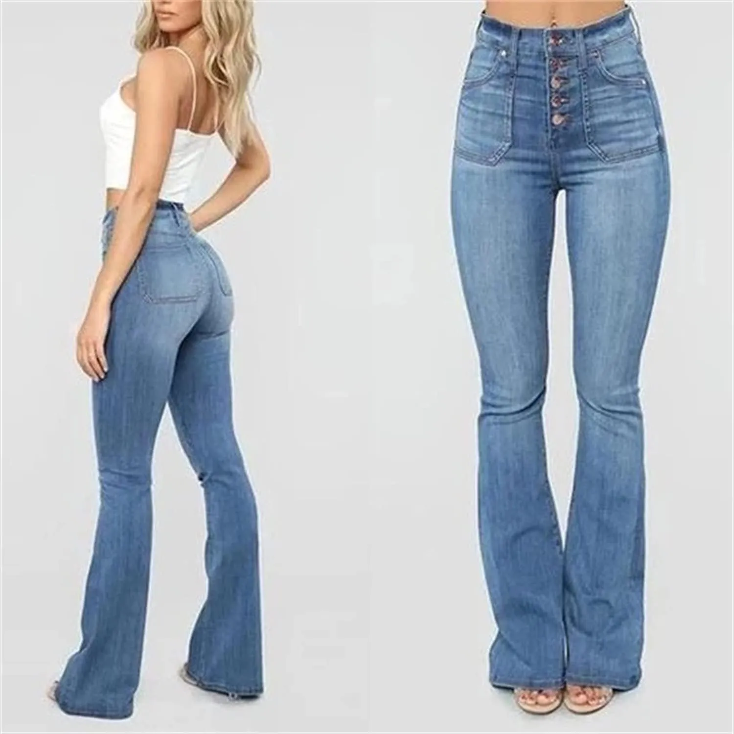 Women's High Waisted Stretch Flare Jean Vintage Washed Skinny Denim Flare Jeans Slim Jean Bell Bottom Trousers
