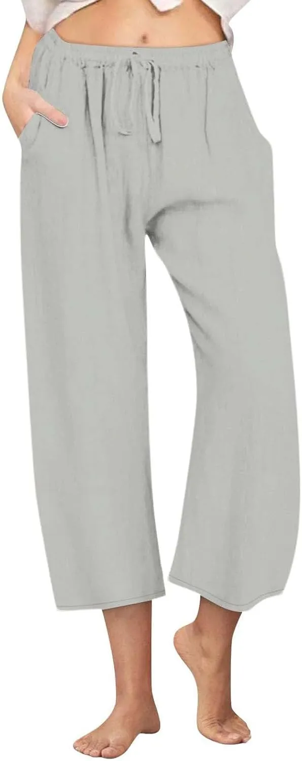 Womens Linen Capri Pants with Pockets Wide Leg Cropped Lounge Trousers Drawstring Elastic Waisted Summer Beach Pants 2025