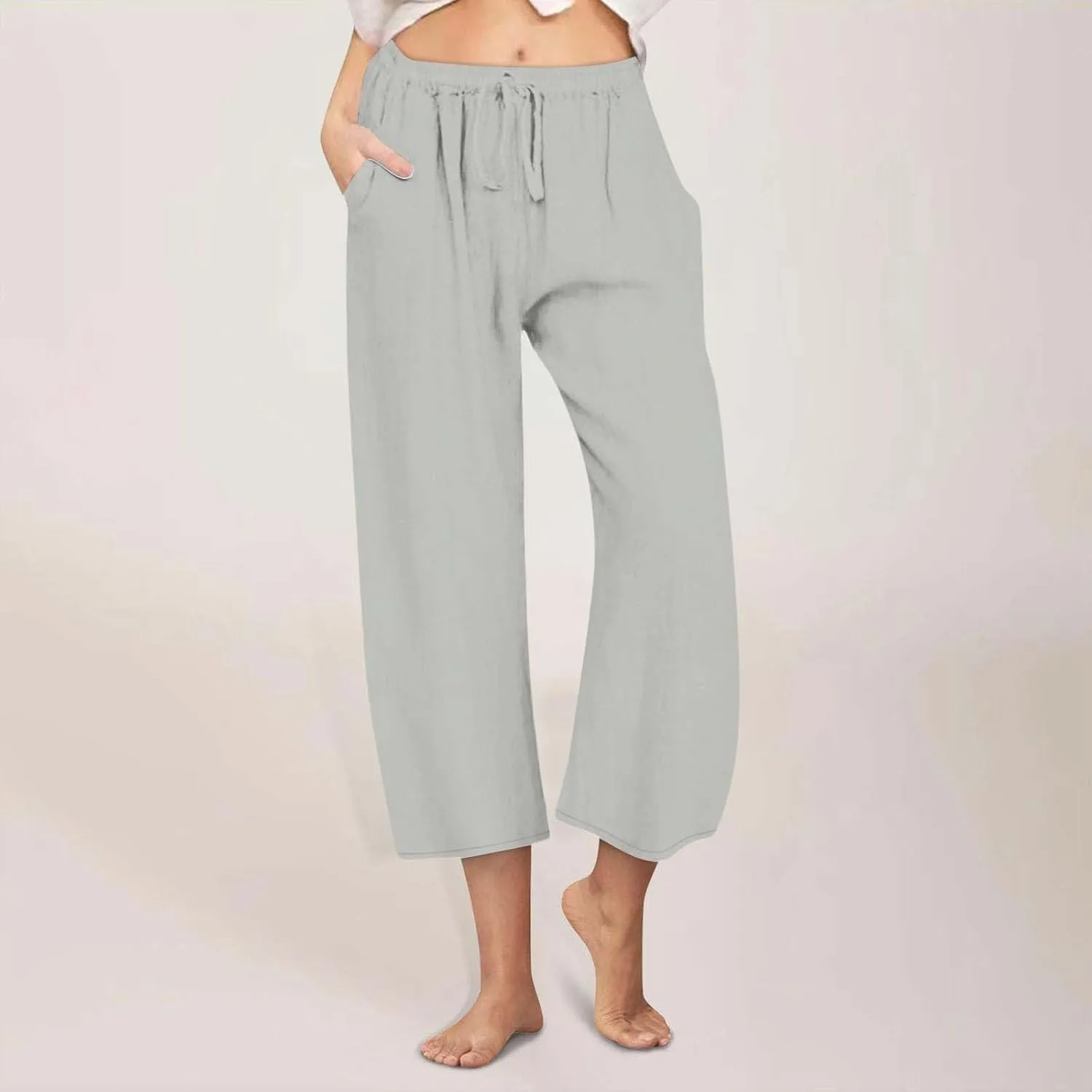 Womens Linen Capri Pants with Pockets Wide Leg Cropped Lounge Trousers Drawstring Elastic Waisted Summer Beach Pants 2025