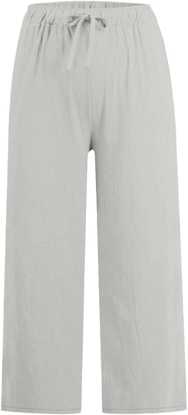 Womens Linen Capri Pants with Pockets Wide Leg Cropped Lounge Trousers Drawstring Elastic Waisted Summer Beach Pants 2025