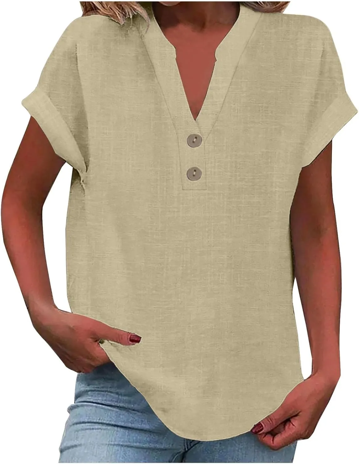 Womens Linen Shirts Short Sleeve V Neck Henley Shirts Solid Hippie T Shirts Summer Casual Dressy Blouses Boho Tunics