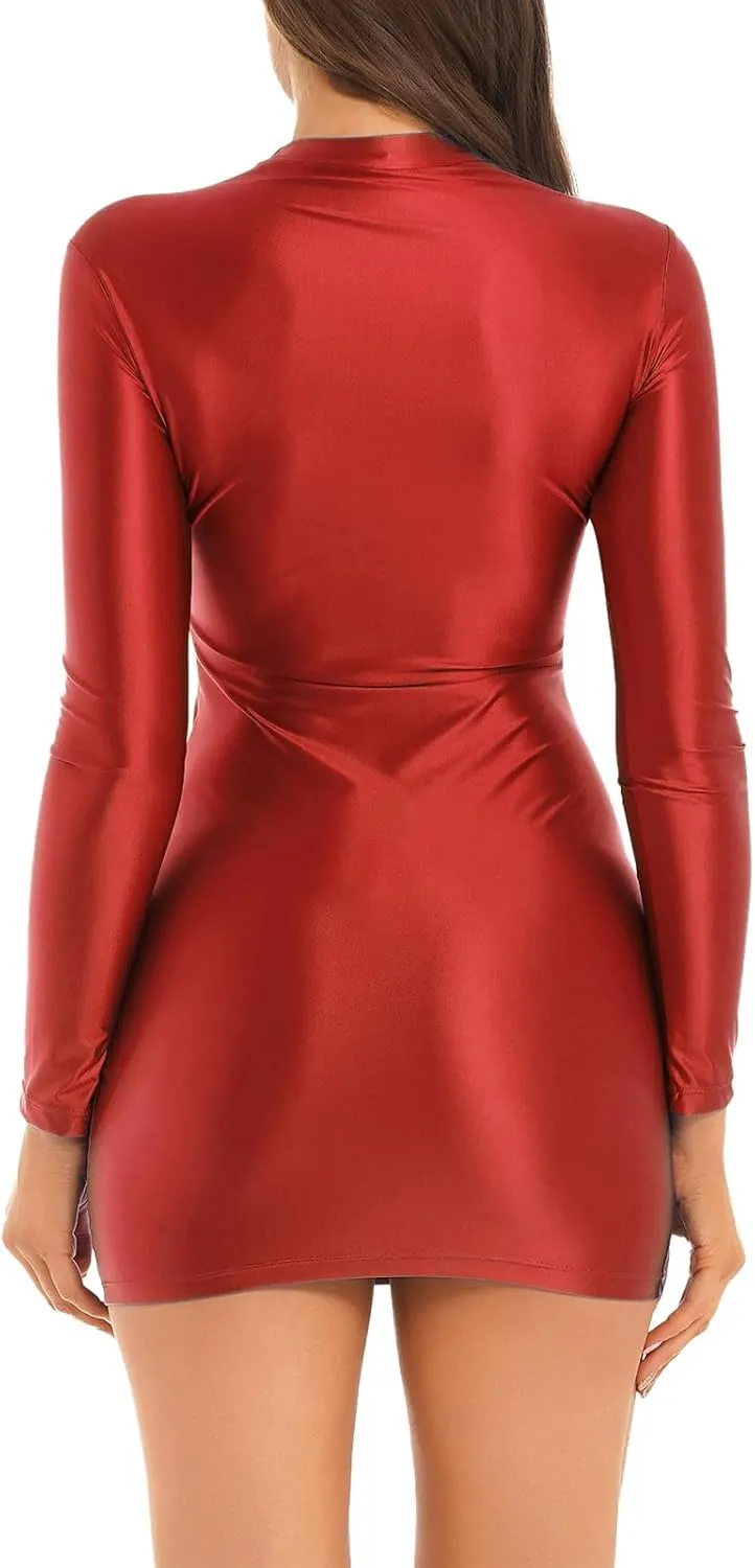 Women's Oil Glossy Mini Bodycon Dress Smooth Sheer Silky Micro Tight Pencil Dress Nightwear