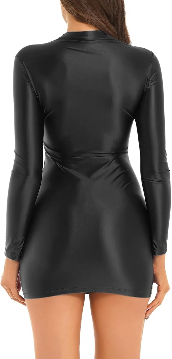 Women's Oil Glossy Mini Bodycon Dress Smooth Sheer Silky Micro Tight Pencil Dress Nightwear