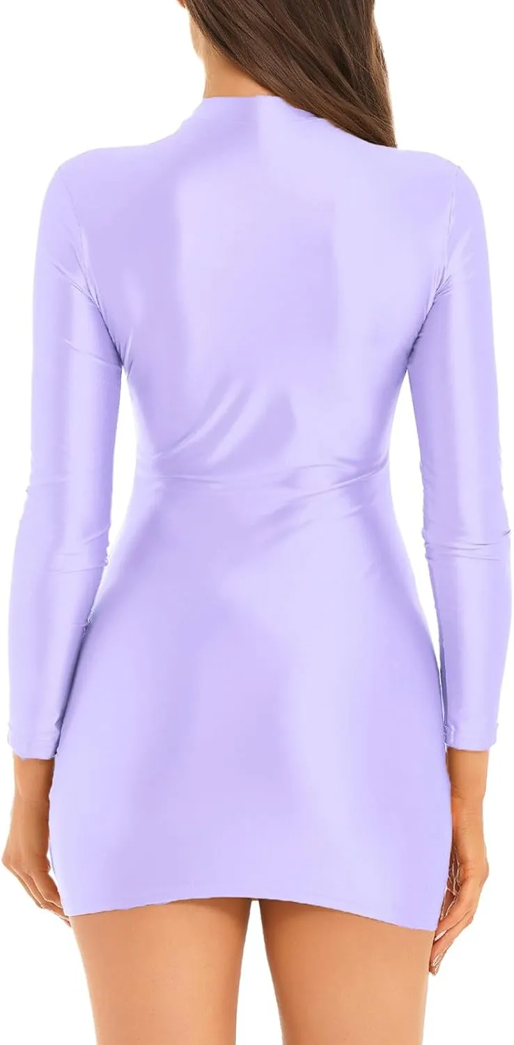 Women's Oil Glossy Mini Bodycon Dress Smooth Sheer Silky Micro Tight Pencil Dress Nightwear