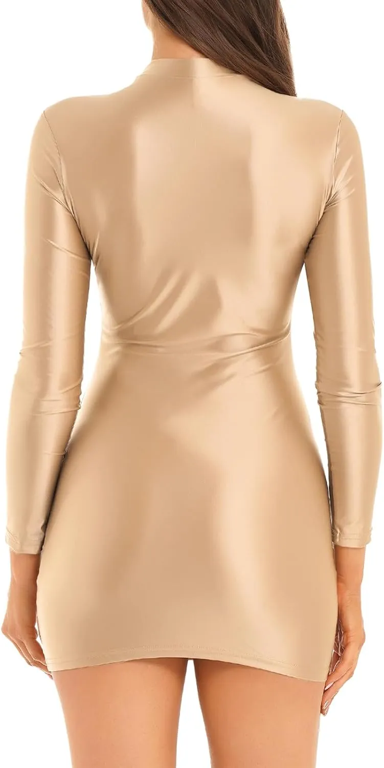 Women's Oil Glossy Mini Bodycon Dress Smooth Sheer Silky Micro Tight Pencil Dress Nightwear