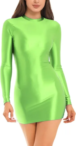 Women's Oil Glossy Mini Bodycon Dress Smooth Sheer Silky Micro Tight Pencil Dress Nightwear