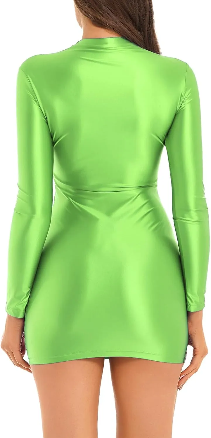 Women's Oil Glossy Mini Bodycon Dress Smooth Sheer Silky Micro Tight Pencil Dress Nightwear