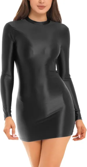 Women's Oil Glossy Mini Bodycon Dress Smooth Sheer Silky Micro Tight Pencil Dress Nightwear