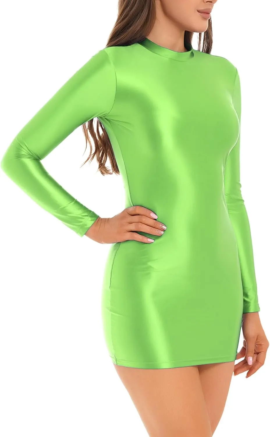 Women's Oil Glossy Mini Bodycon Dress Smooth Sheer Silky Micro Tight Pencil Dress Nightwear