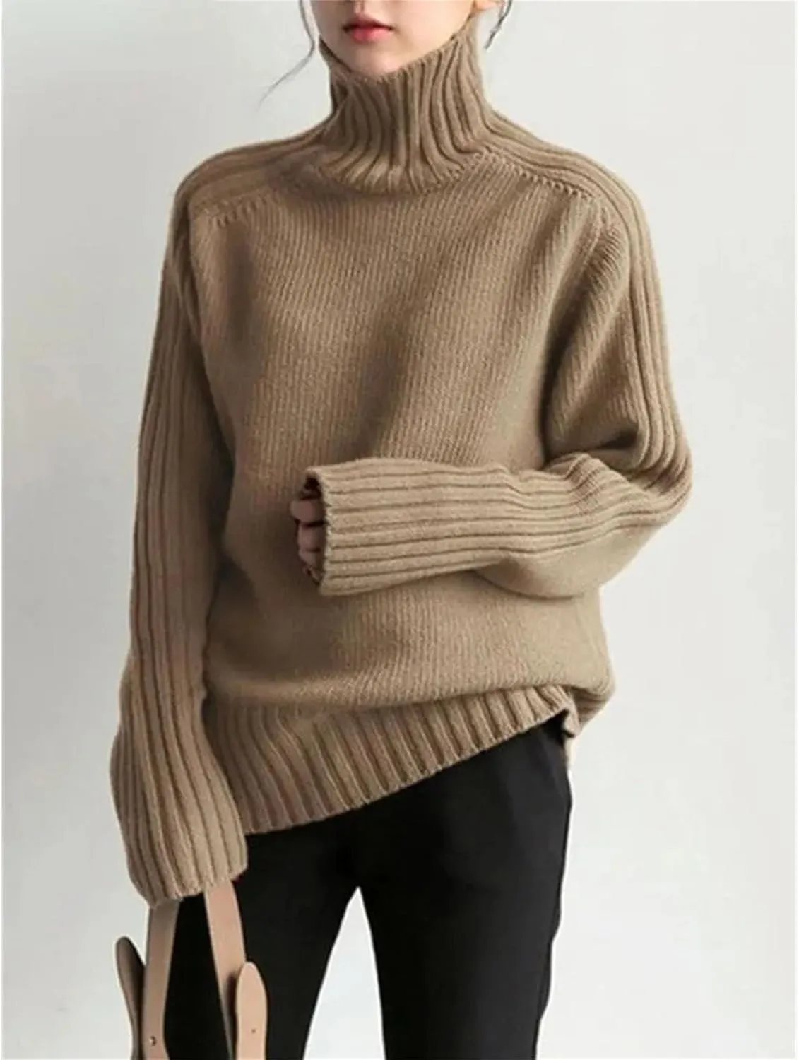 Womens Oversized Loose Longsleeve Sweater Turtleneck Warm Windproof Pullovers Tops