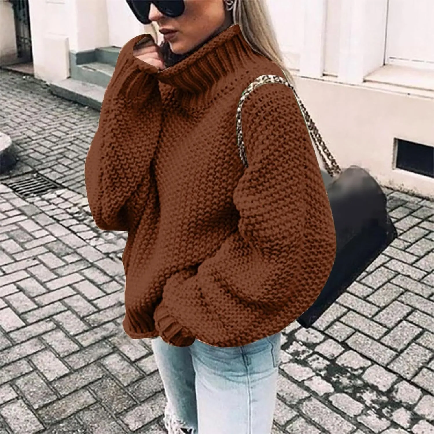 Womens Oversized Turtleneck Pullover Sweater 2024 Winter Fall Fashion Solid Color Loose Chunky Knit Tunic Jumper Tops