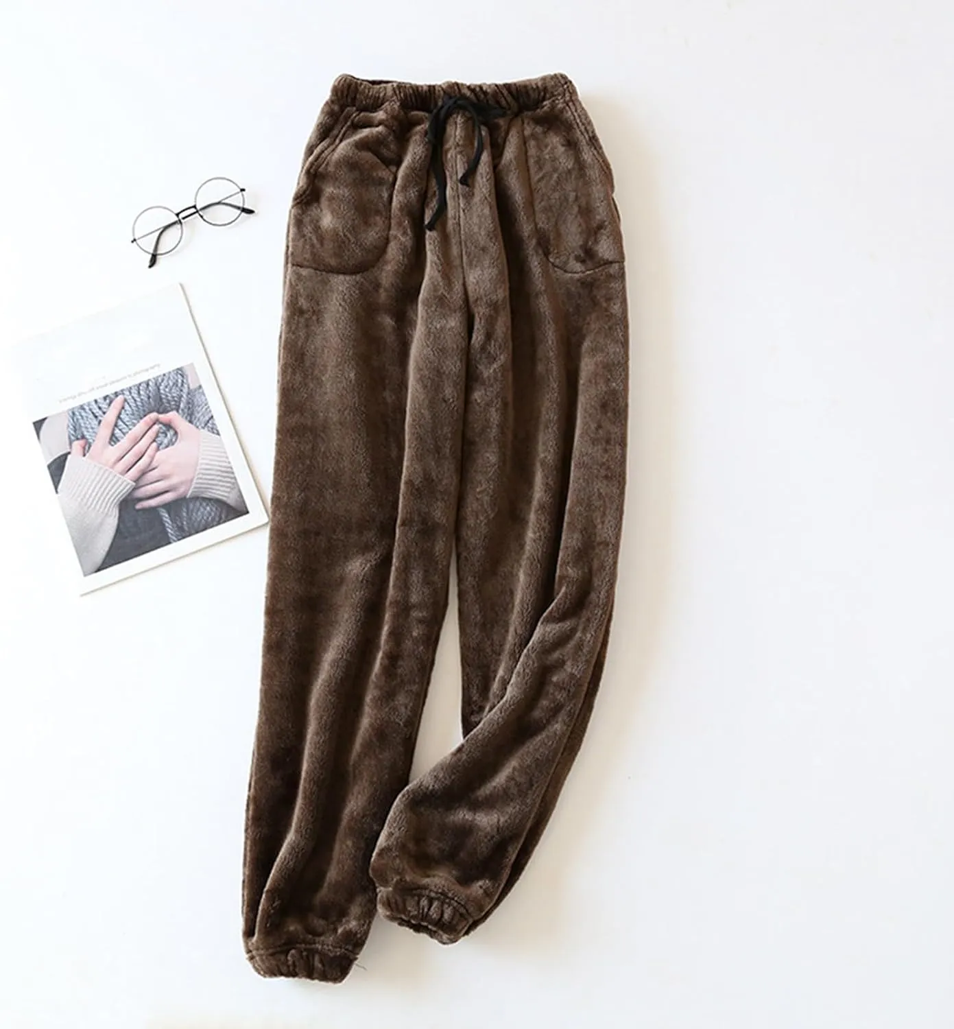 Womens Pajama Pants Drawstring Fuzzy Flannel Pj Lounge Bottoms Comfy Warm Trousers with Pockets Christmas Sleepwear