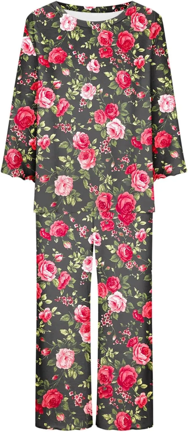 Women's Pajama Set Soft Comfy Cotton Long Sleeve Shirt and Capri Pants Sleepwear Pjs Sets Lounge Set
