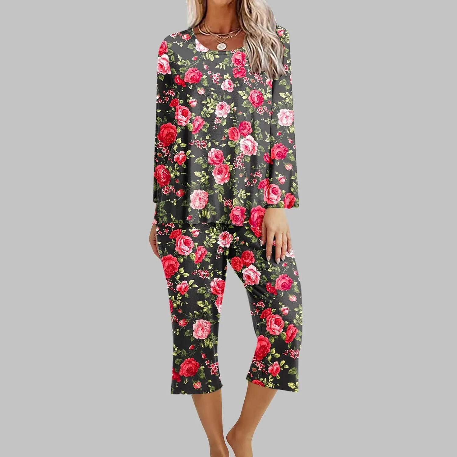 Women's Pajama Set Soft Comfy Cotton Long Sleeve Shirt and Capri Pants Sleepwear Pjs Sets Lounge Set