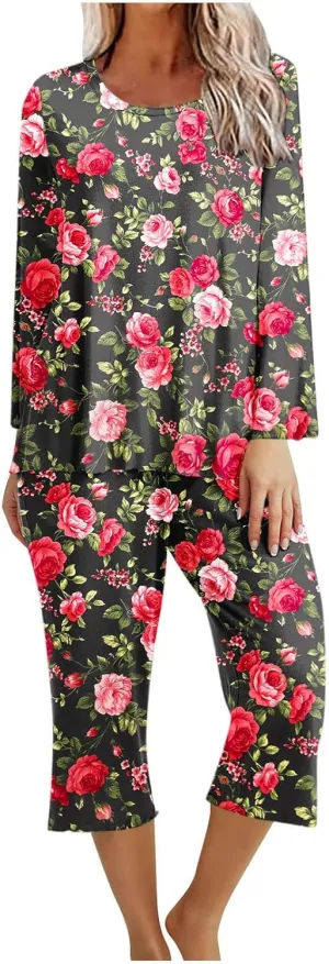 Women's Pajama Set Soft Comfy Cotton Long Sleeve Shirt and Capri Pants Sleepwear Pjs Sets Lounge Set