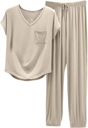 Women's Pja Set Comfy Soft Sleepwear 2 Piece Lounge Sets Short Sleeve Tops with Capri Pants Cotton Pajamas Set