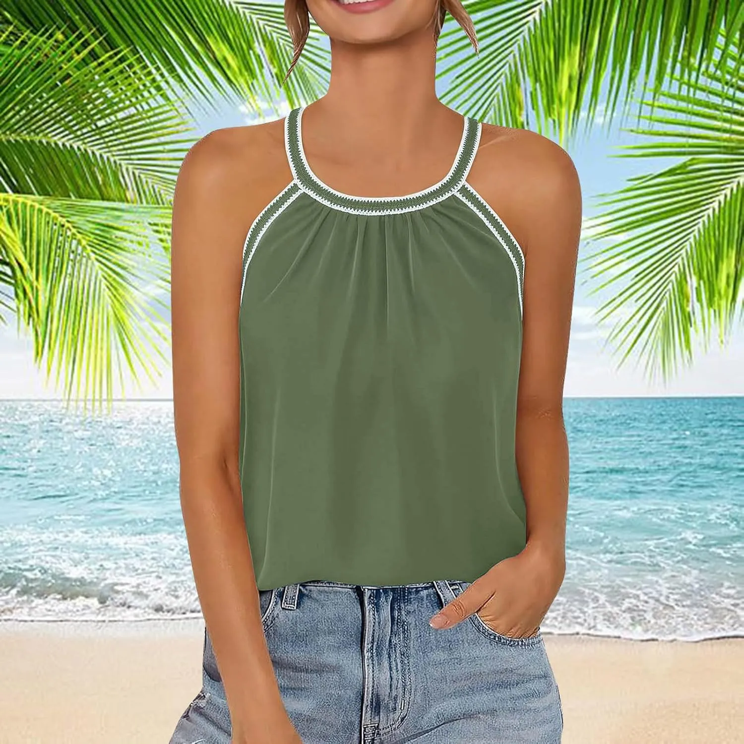 Womens Pleated Halter Tank Tops Spaghetti Strap Camisole 2025 Summer Boho Sleeveless Shirts Beach Vacation Clothes
