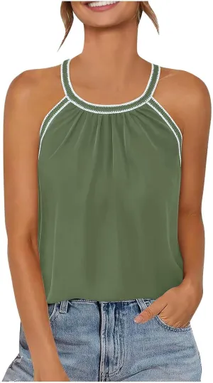 Womens Pleated Halter Tank Tops Spaghetti Strap Camisole 2025 Summer Boho Sleeveless Shirts Beach Vacation Clothes