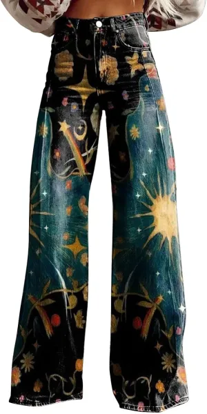 Women's Print Straight Hippie Pants High Waist Casual Trendy Wide Leg Trousers Loose Tie Dye Pants Vintage Cargo Pants