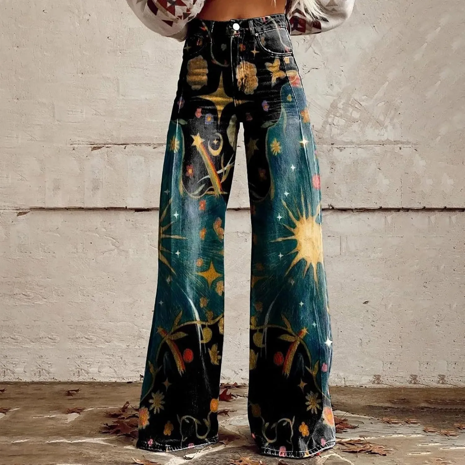 Women's Print Straight Hippie Pants High Waist Casual Trendy Wide Leg Trousers Loose Tie Dye Pants Vintage Cargo Pants