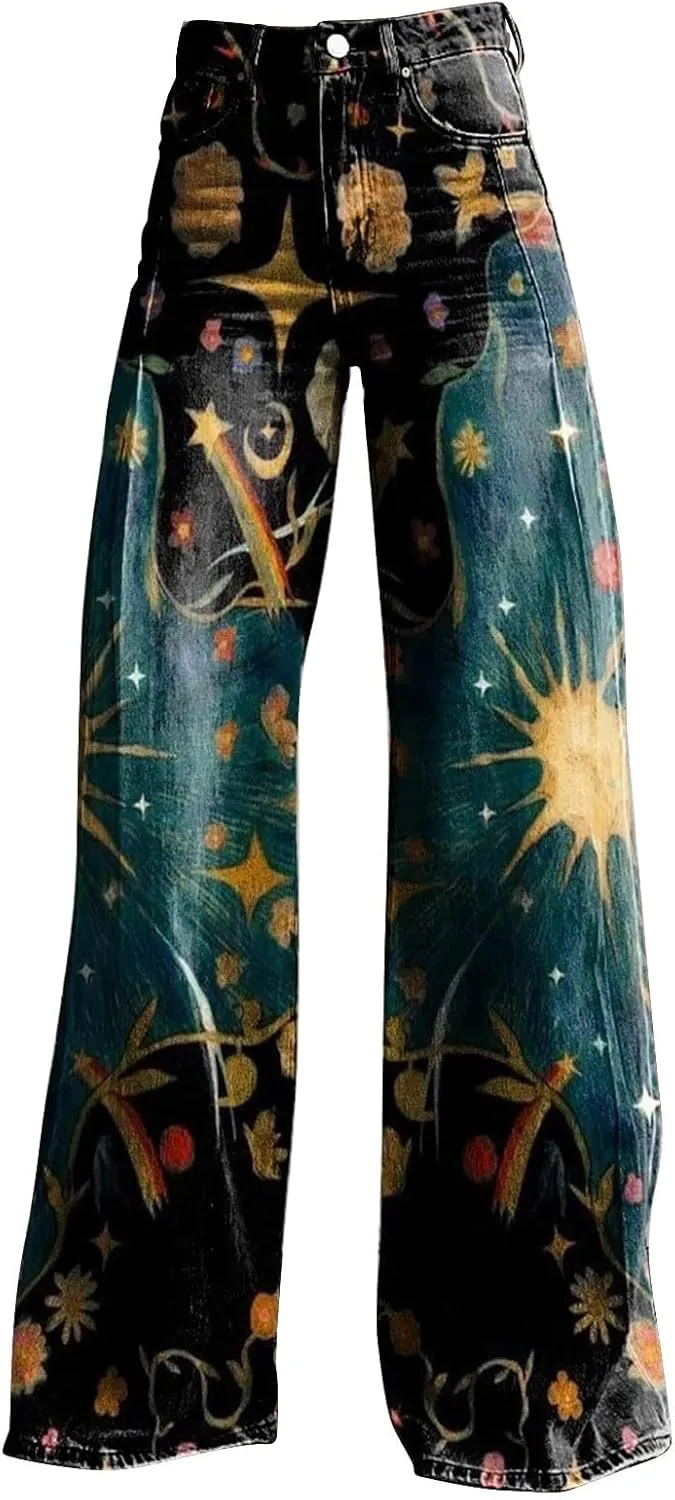 Women's Print Straight Hippie Pants High Waist Casual Trendy Wide Leg Trousers Loose Tie Dye Pants Vintage Cargo Pants
