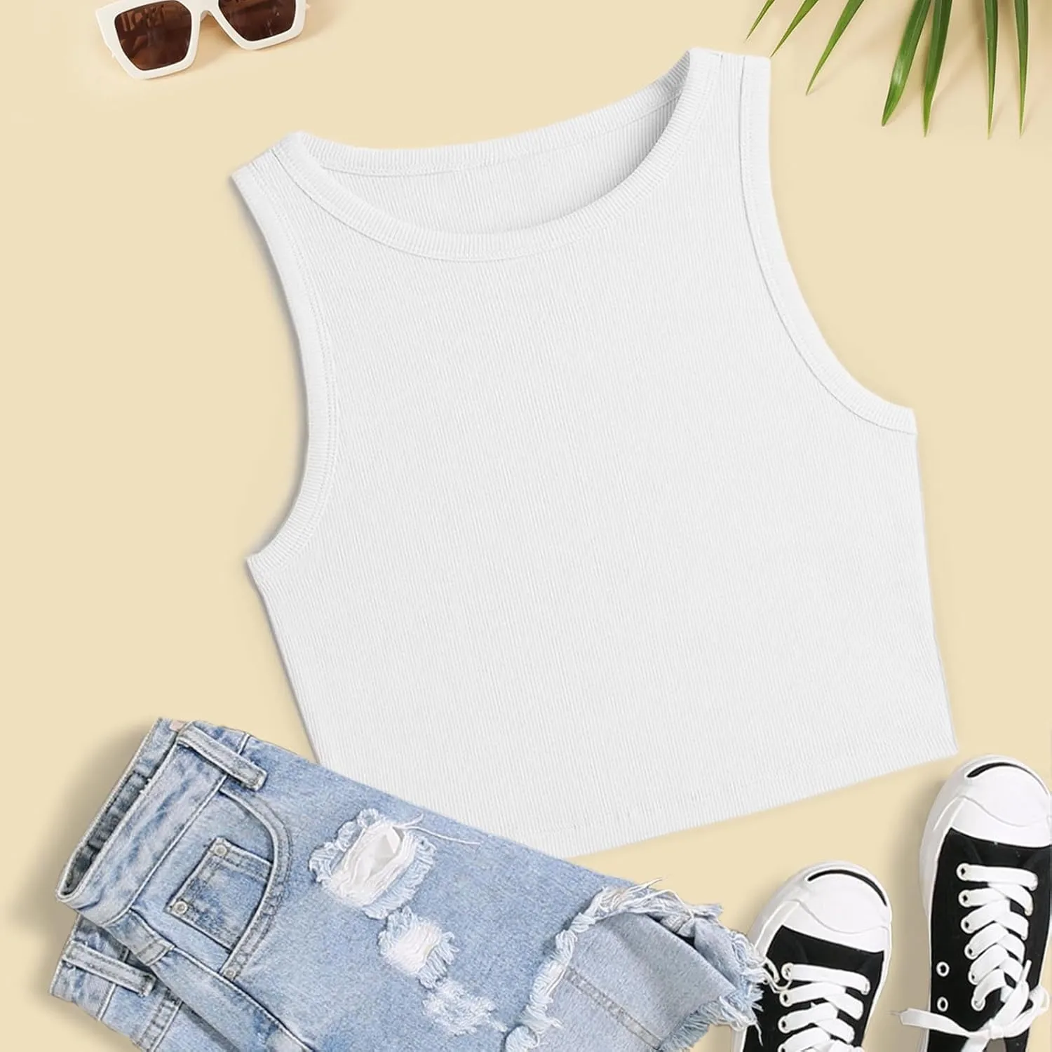 Women's Ribbed Knit Crop Racerback Tops, Fashion Elastic Slim Athletic Workout Tank Summer Sports Trendy Clothes