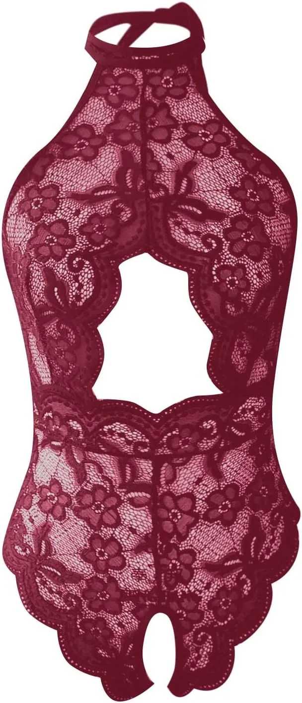 Womens Sexy Lingerie Lace Babydoll Chemise Nightie Soft Satin Bodystocking with Chain Garter Belt Nightwear