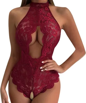 Womens Sexy Lingerie Lace Babydoll Chemise Nightie Soft Satin Bodystocking with Chain Garter Belt Nightwear