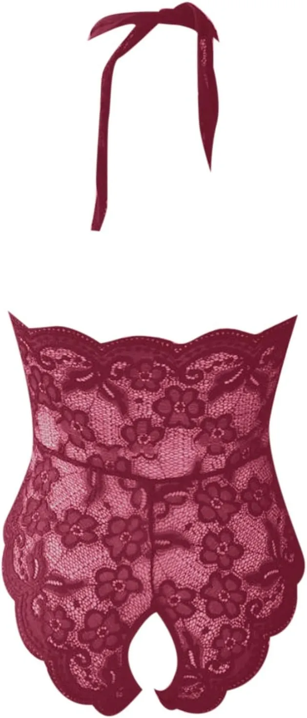Womens Sexy Lingerie Lace Babydoll Chemise Nightie Soft Satin Bodystocking with Chain Garter Belt Nightwear