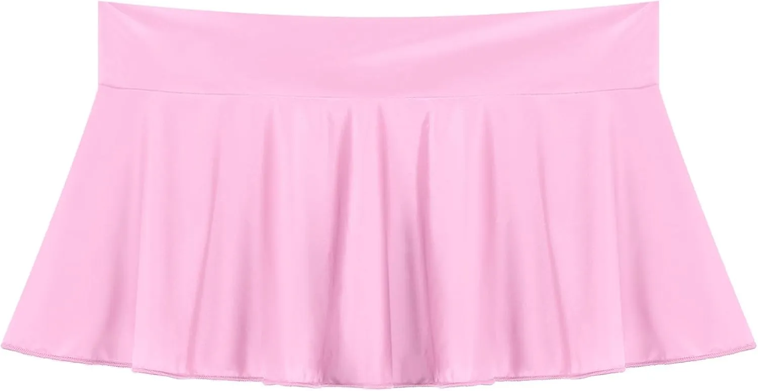 Women's Shiny Glossy Flirty A-Line Mini Skirt Pleated Tennis Solid Ruffle Lingerie Skirts