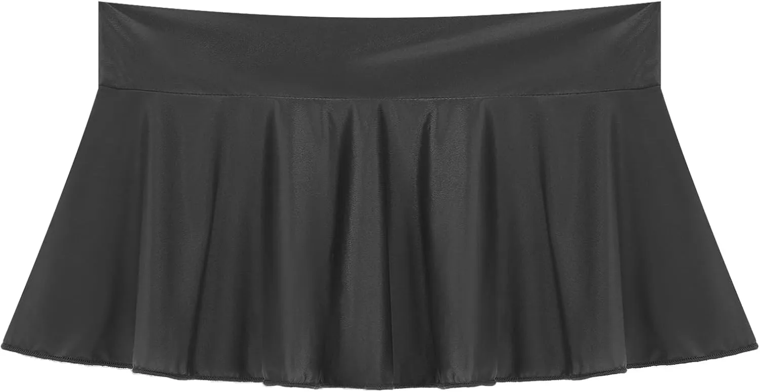 Women's Shiny Glossy Flirty A-Line Mini Skirt Pleated Tennis Solid Ruffle Lingerie Skirts