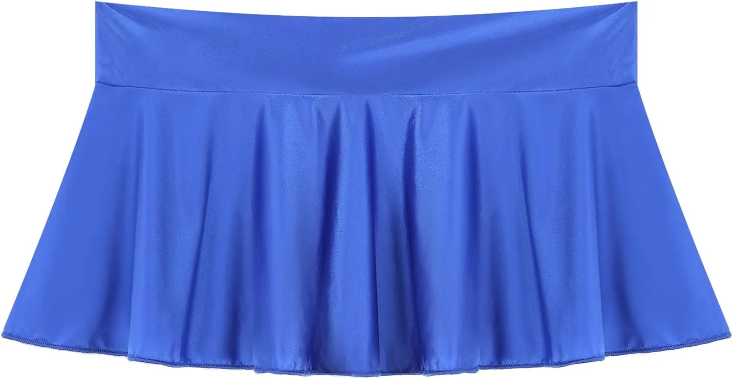 Women's Shiny Glossy Flirty A-Line Mini Skirt Pleated Tennis Solid Ruffle Lingerie Skirts