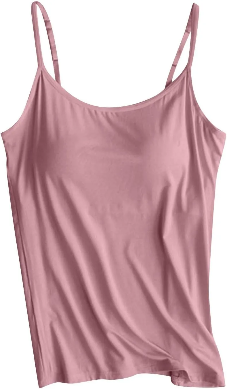 Womens Sleeveless Tank Tops with Built in Bras Adjustable Spaghetti Strap Camisoles Summer Casual Basic Cami Shirts
