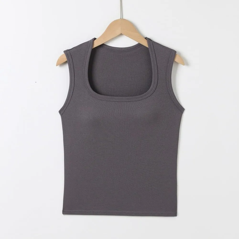 Women's Square Neck Spaghetti Strap Tank Tops with Built in Bra Seamless Camisole Yoga Sport Bra Silm Fit Cute Top