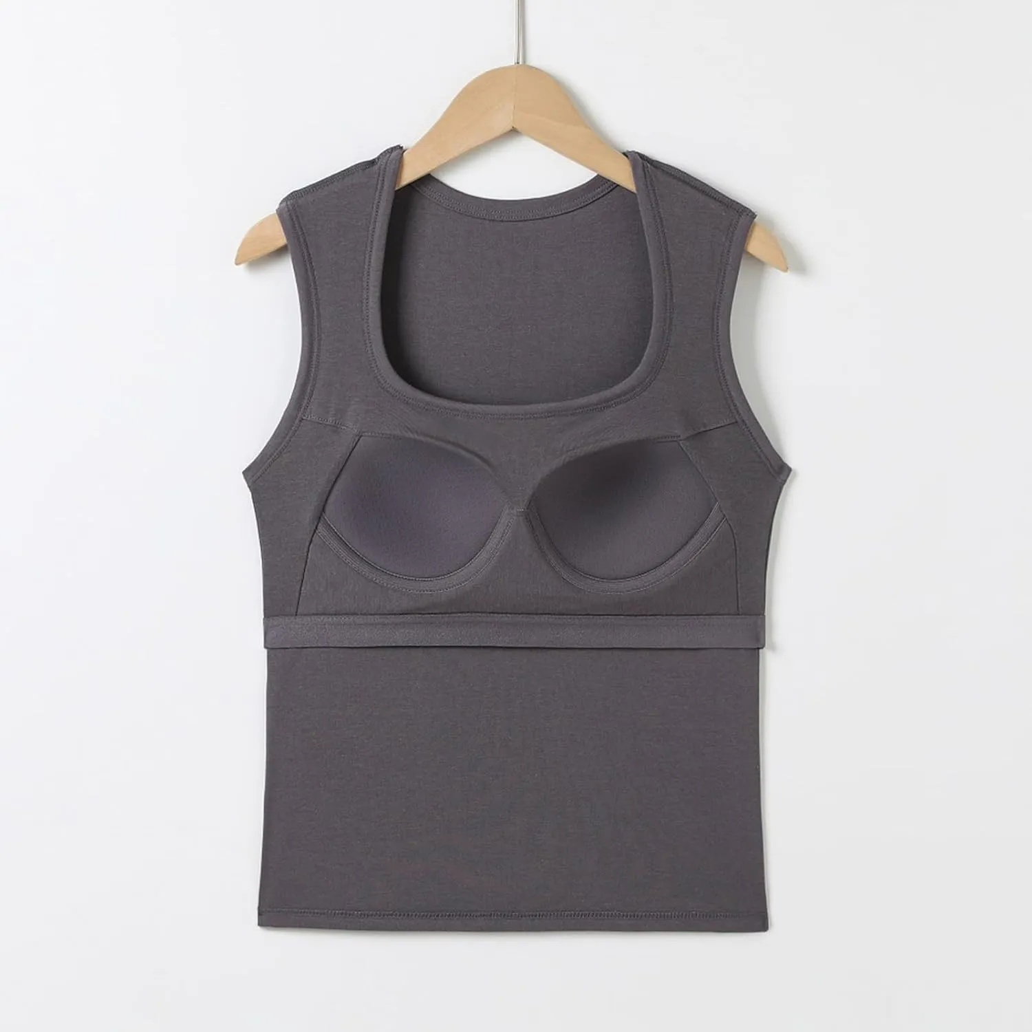 Women's Square Neck Spaghetti Strap Tank Tops with Built in Bra Seamless Camisole Yoga Sport Bra Silm Fit Cute Top