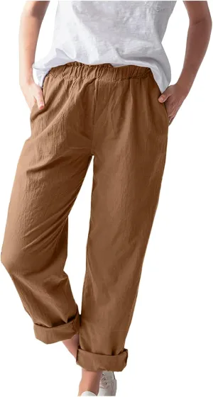 Women's Straight Linen Pants Wide Leg Long Casual Trousers with Pockets Relaxed Fit Elastic Waisted Solid Cotton Pants