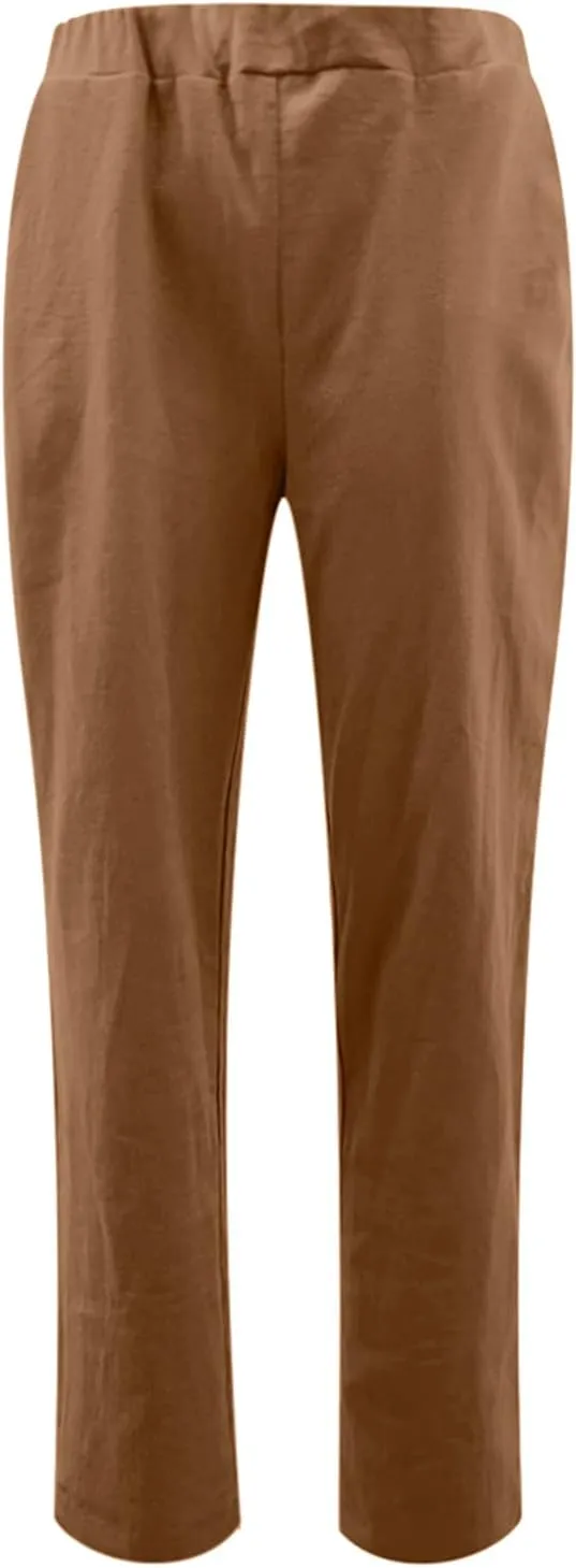 Women's Straight Linen Pants Wide Leg Long Casual Trousers with Pockets Relaxed Fit Elastic Waisted Solid Cotton Pants