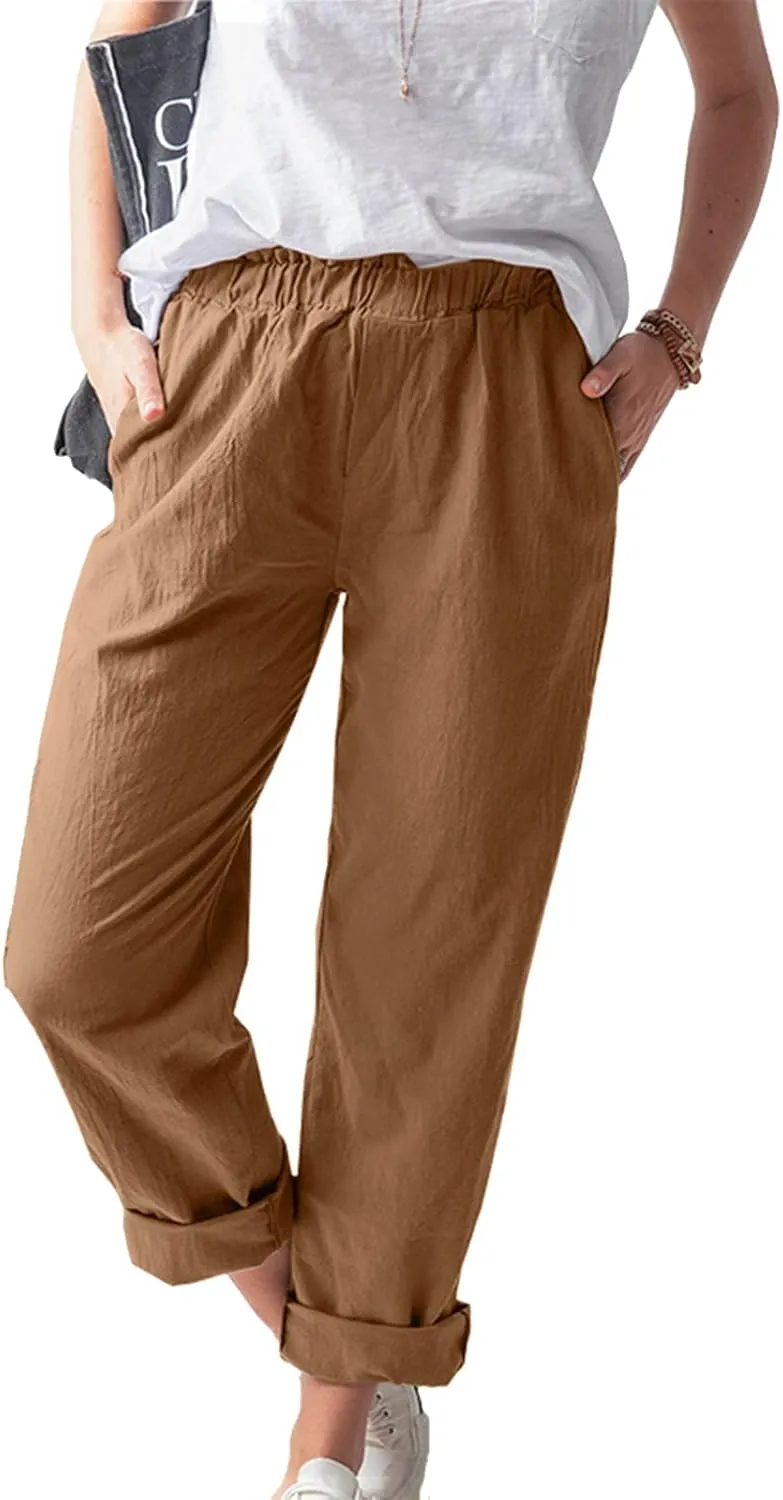 Women's Straight Linen Pants Wide Leg Long Casual Trousers with Pockets Relaxed Fit Elastic Waisted Solid Cotton Pants