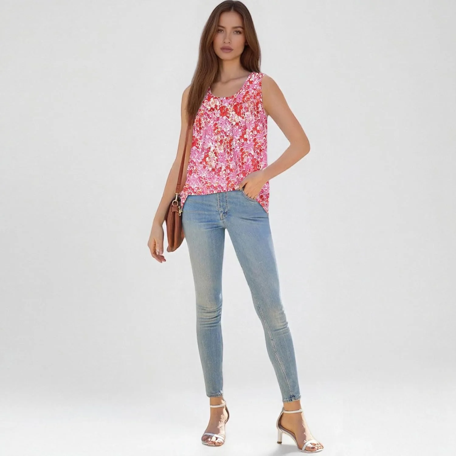 Women's Summer Chic Sleeveless Tops Round Neck Loose Fit Solid Color Ideal Casual Tank Floral Print Basic Camisoles