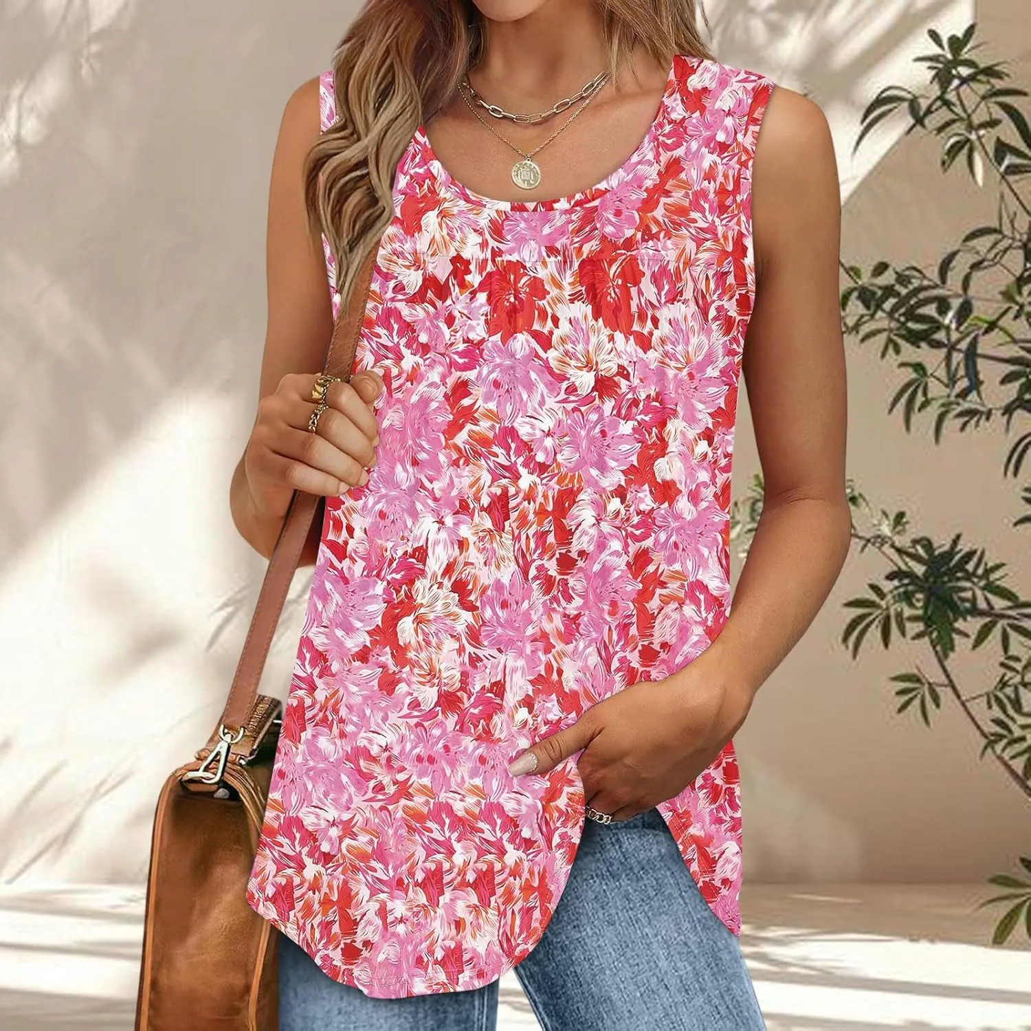 Women's Summer Chic Sleeveless Tops Round Neck Loose Fit Solid Color Ideal Casual Tank Floral Print Basic Camisoles