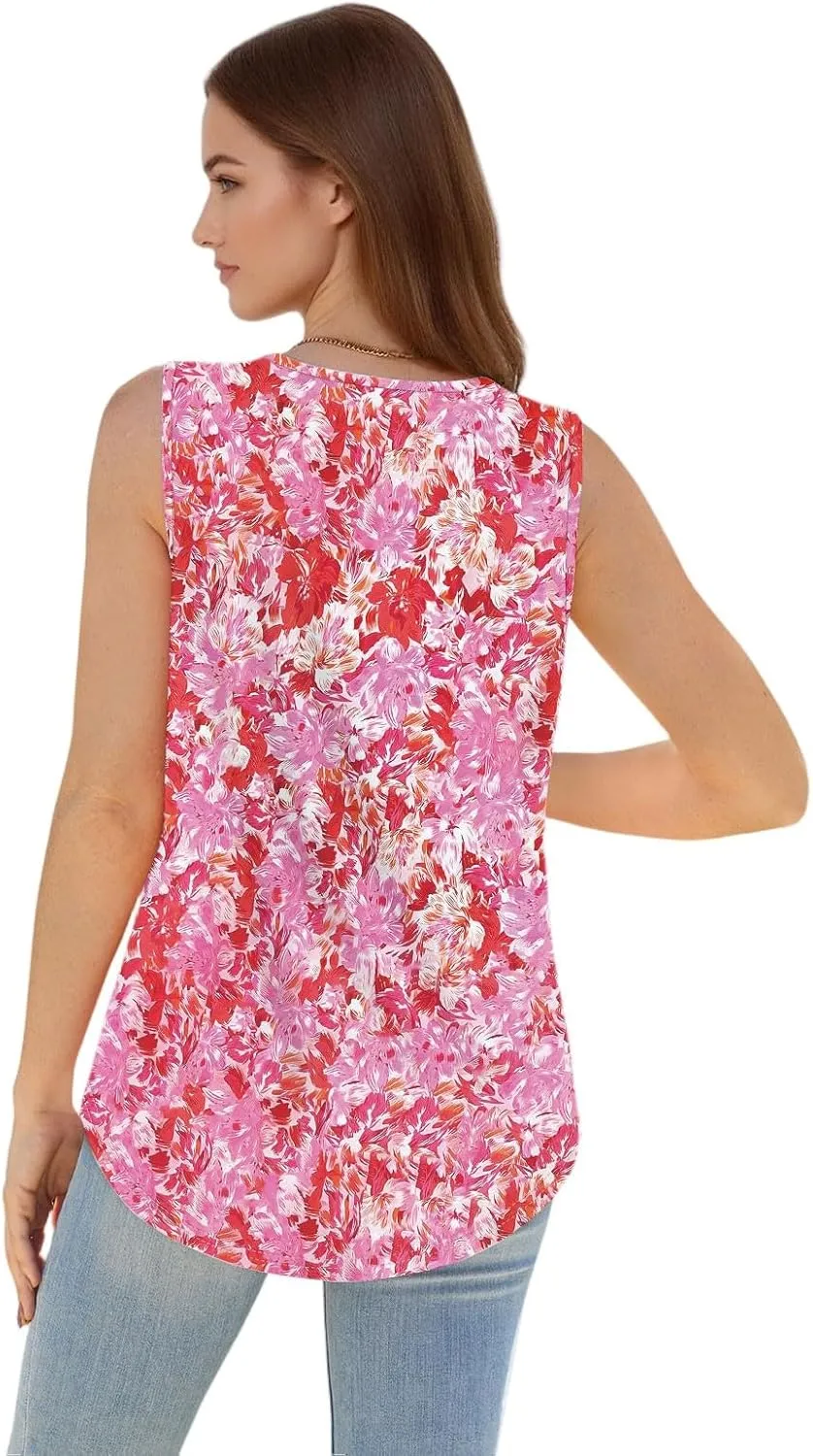 Women's Summer Chic Sleeveless Tops Round Neck Loose Fit Solid Color Ideal Casual Tank Floral Print Basic Camisoles