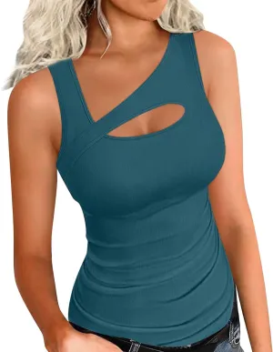 Womens Summer Cutout Tank Tops Ribbed Knit Sleeveless Shirts Slim Fitted Tanks Y2K Sexy Basic Tee Shirt Outfits