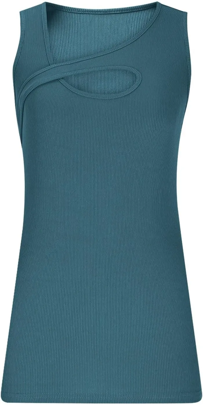 Womens Summer Cutout Tank Tops Ribbed Knit Sleeveless Shirts Slim Fitted Tanks Y2K Sexy Basic Tee Shirt Outfits